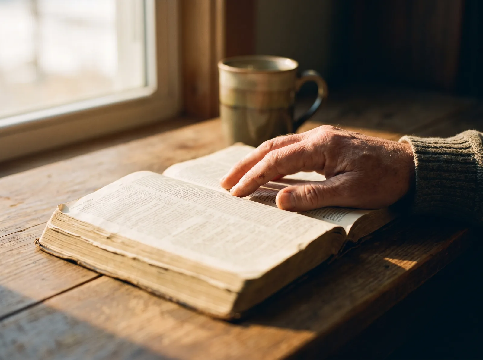 A person reading an open Bible in warm window light